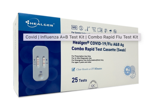 COVID-19 Flu Combo Test - Healgen box showing 25 rapid antigen test cassettes for SARS-CoV-2 and influenza A & B detection. FDA EUA authorized.